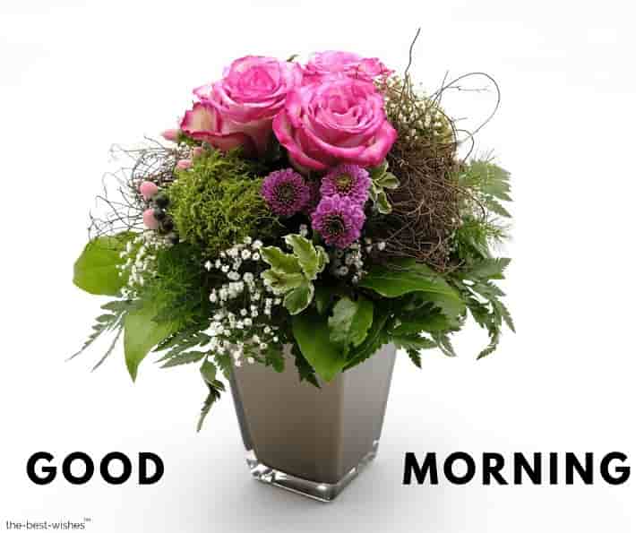 good morning greeting with a bouquet flowers roses