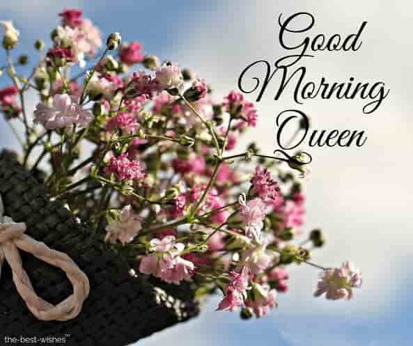 good morning my queen image with bouquet