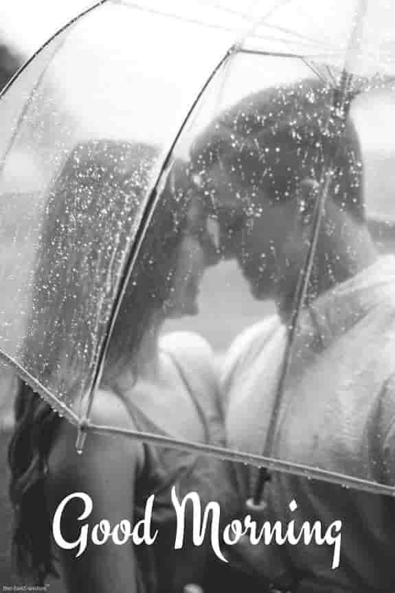 good morning romantic couple in rain