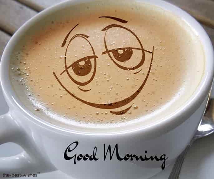 good morning with cup coffee foam cafÃ© au lait smile