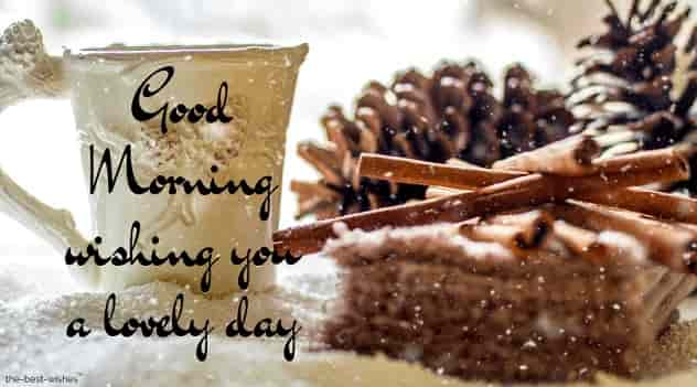 good morning with pine cones snow winter coffee tea