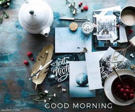 gud mrng with christmas greeting cards still life